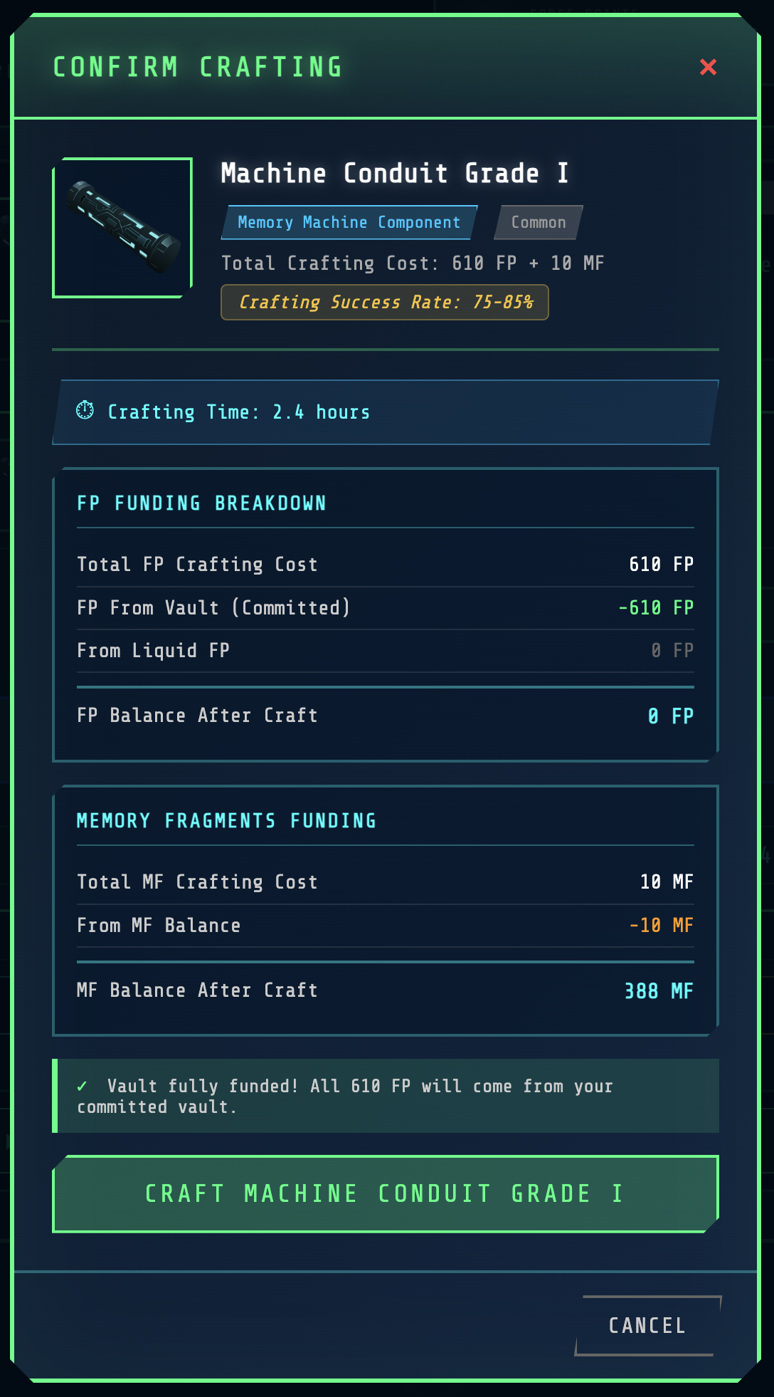 Crafting Confirmation Interface